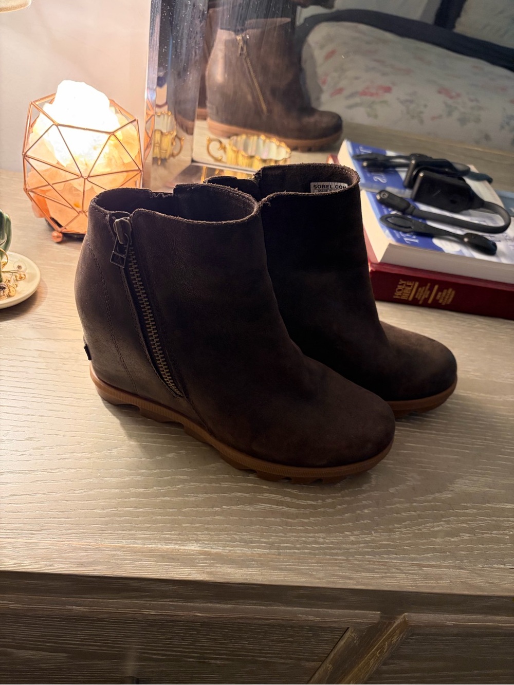 Sorel Women's Brown Suede Wedge Ankle Booties with Side Zip